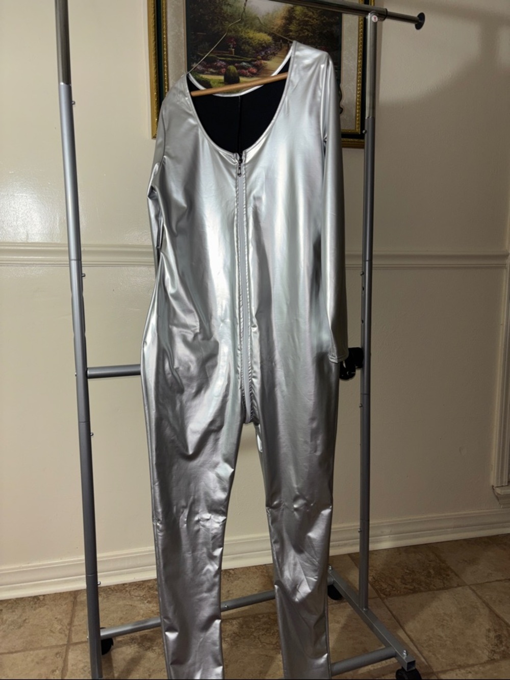 Silver Metallic Women's Jumpsuit - Zipper Front and back butt.